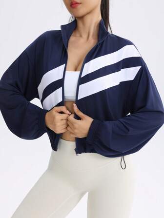Women's Drawstring Hem Contrast Color Sports Jacket, Casual Short Zip-Up Running Fitness Yoga Outerwear