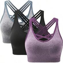 ANGOOL Racerback - Sujetadores deportivos para mujer - Sujetador de yoga inalámbrico de apoyo medio para correr, gimnasio y fitness - Negro + gris + morado - Ver 2