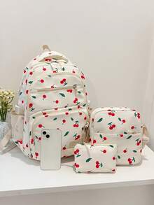 Set de 3 mochilas con estampado de lazo de nailon, mochila plegable de gran capacidad con múltiples bolsillos y cremallera impermeable, adecuada para adolescentes, estudiantes de secundaria y universidad, mujeres para uso diario, ir y venir, viajes, regalo del Día de San Valentín - Rojo - Ver 3