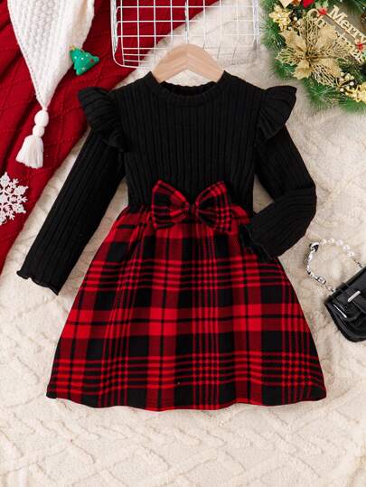 Young Girls' Christmas Bow Decor Long Sleeve Round Neck Dress