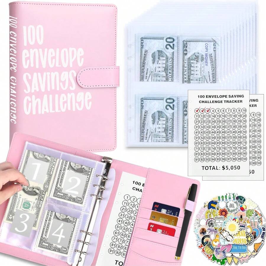 KKC 100 Envelopes Money Saving Challenge Binder, A5 Budget Binder With Cash Envelopes, Savings Challenges Book To Save $5,050, 10,000, 500, Budget Planner For Budgeting Planner Saving Money. - 粉色 - 查看 1