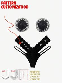 3pcs Set, Customizable Crystal Letter Round Nipple Pasties And Sexy Ladies Panties, Sexy Women's Lingerie And Nipple Pasties, Best Women's Underwear. Best Gift For Friends, Wife, Girlfriend, Valentine's Day Gift, Birthday Gift.