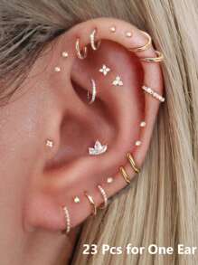 23pcs Women's Gold Hoop Earrings Set, Multi-Element Stacking Hypoallergenic Gold Stud Earrings Jewelry, Fashionable CZ Cartilage Earrings Earring Combo, Suitable For Daily Outings, Women's Daily Outfits