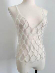 DEKUNER 1pc New Leisure Style Of Simple Faux Pearl Halter Tops Teen Style Cute Beaded Beautifully Cami Vest ,Pearl Bead Body Chain