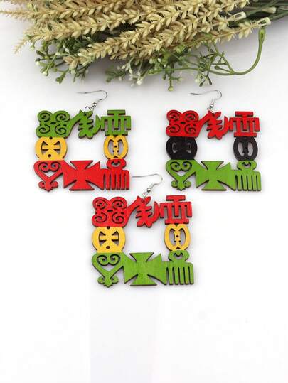 1 Pair 6cm Square Cutout Symbol Colorful Red Yellow Green UV Retro Printed Wooden Earrings, Vintage Boho Party African Jewelry DIY Club Gift