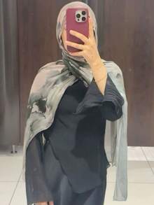 1 件女士时尚波西米亚水墨画海军蓝大理石印花面纱围巾，日常休闲街头佩戴围巾，秋季 - 灰粉 - 查看 4