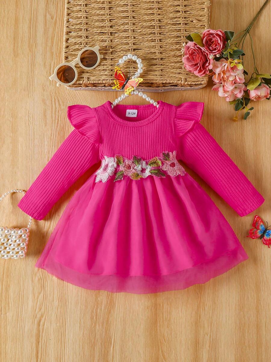 Baby Girls' Floral Embroidery Waist Ruffle Hem Long Sleeve Ribbed Mesh Princess Dress - Hot Pink - View 1