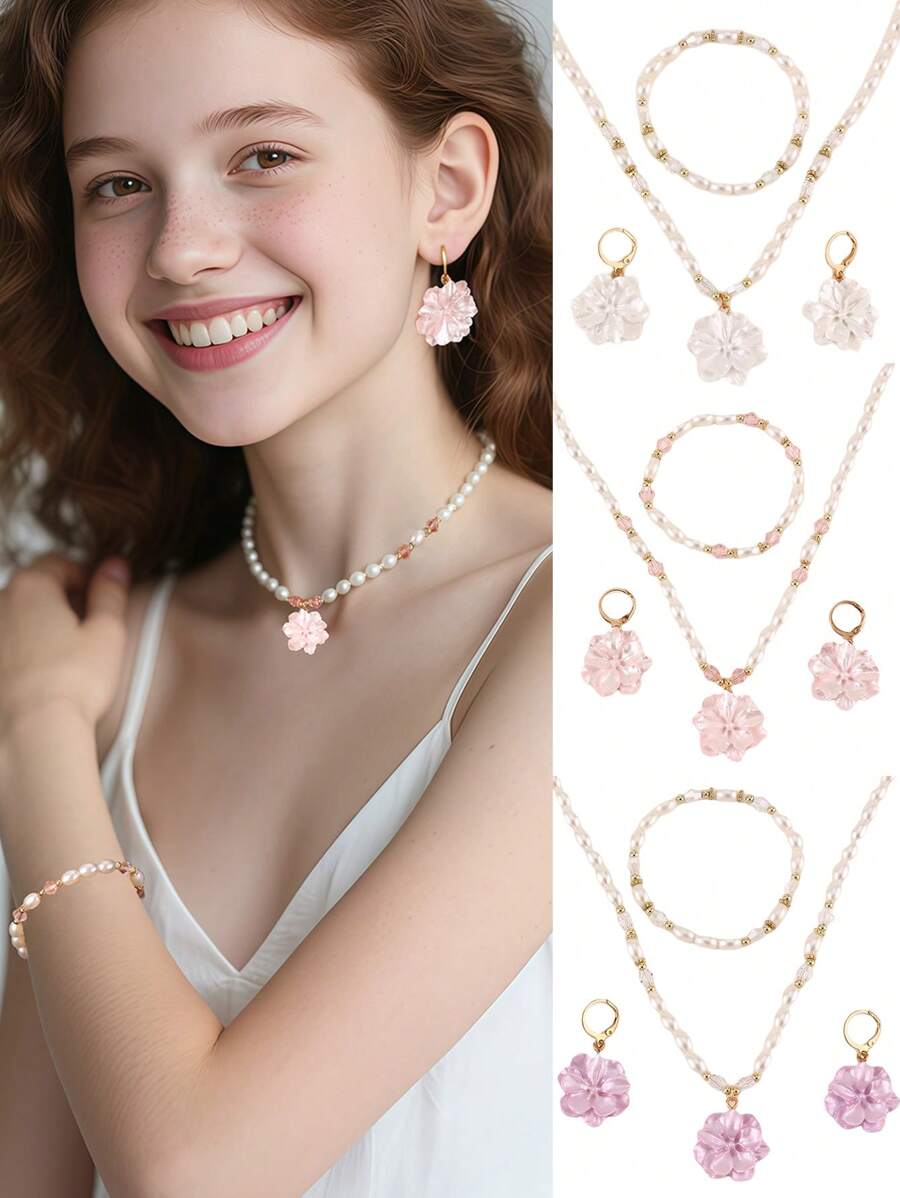 4 件套女孩花朵与人造珍珠串珠项链、手链、耳环首饰套装