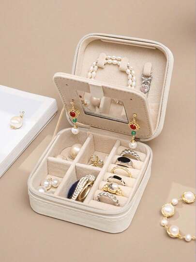 1 pieza Caja de almacenamiento de joyas con espejo, caja de joyas portátil con cremallera, caja de almacenamiento de joyas de viaje para guardar anillos, colgantes, aretes, collares, pulseras, caja de regalo para mujer.