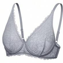 Women's Sexy Lace Bra Non-Padded Underwire See Through Unlined Bra Mesh Sheer Plunge Low Cut Braletteshalloween - Grey - View 1
