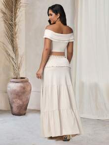 JustVH Maternity Off Shoulder Ruched Twist Fron Crop Top & Ruffles Skirt 2-Pieces-Set For Photoshoot, Baby Shower - Beige - View 2