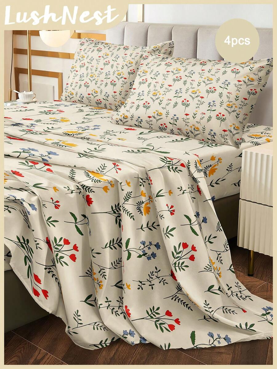 Juego de ropa de cama de 4 piezas con sábana estampada - Multicolor - Ver 1