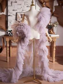 European And American Style Bridal Veil Shawl, Suitable For Hostess, Evening Gown, With Trailing - Mauve Purple - View 4