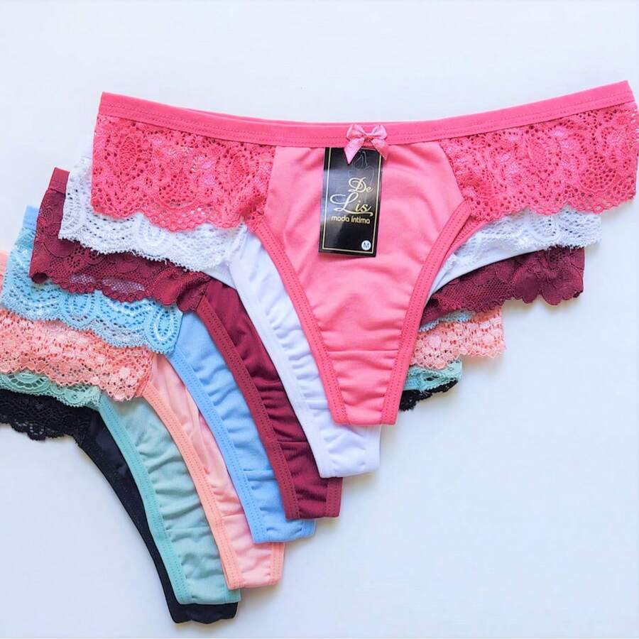 Kit 10 Plain Thong Panties With Lace Sides In Assorted Colors - Multicolor - View 1