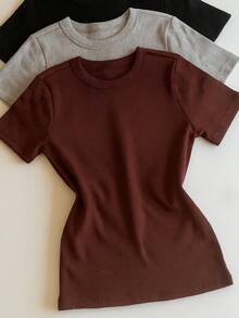 Kit 3 Short Sleeve Ribbed Blouses For Women, Basic, Elegant, Summer - Black/Gray/Brown - View 3