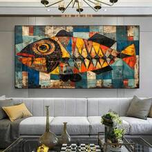 1 件现代抽象彩色鱼帆布艺术印刷品，70.0x140.0 厘米无框墙面装饰，适用于客厅和卧室，几何鱼图案，色彩鲜艳，客厅装饰 | 抽象鱼艺术 | 鲜艳的色彩艺术，鱼装饰 - 彩色 - 查看 4