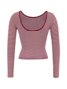 Vaiaye Women's Sexy Backless Striped Knit Long Sleeve Top, Backless Round Neck Casual T-Shirt, Suitable For Work Commute In Spring And Summer - Red - View 3