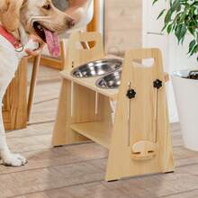 BingoPaw Adjustable Elevated Dog Bowls Tall Raised Feeder Stand For Large Dogs Medium Dog - Wood - View 2