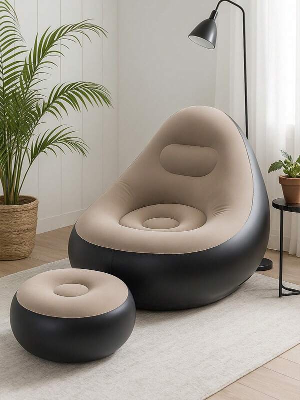 Set de 2 piezas (Sillón reclinable + Puf redondo) Sofá inflable con flocado, sofá perezoso plegable y portátil con reposapiés (sin bomba de aire), adecuado para interior/sala de estar/dormitorio/patio ocioso, exterior/viaje/camping/playa