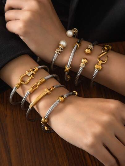 1pc Stainless Steel 18K Gold-Plated Women's Mixed Metal Cuff Bangle - Twist Stackable, Perfect For Everyday & Special Occasions, Ideal Gift