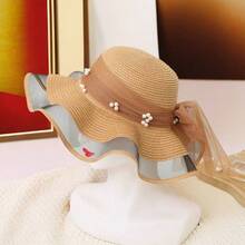 1pc Bow Tie Pearl Ribbon Outdoor Beach Sun Protection French Style Straw Hat, Suitable For Vacation And Travel - Khaki - View 2
