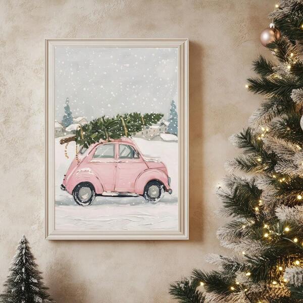 1 peça, emoldurada, arte de parede de Natal, carro rosa vintage com árvore de Natal, decorações divertidas de Natal rosa, pôsteres de arte rosa com neve no inverno, arte de parede em tela à prova d'água, presentes de arte de parede, sala de estar, quarto, escritório, corredor, decoração de cozinha, decoração de casa, decorações de Natal, decorações de inverno, decorações de quarto, decorações de banheiro