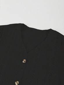 V-Neck Lace Patchwork Hollow Out Embroidery Front Button Spring/Summer Short Sleeve Top Black - Black - View 3