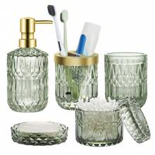 Green Bathroom Accessories Set, 5 Pcs Glass Bathroom Accessories With Lotion Soap Dispenser, Soap Dish, Toothbrush Holder, Tumbler, Cotton Swab Jars, Perfect For Bathroom Theme Gift - màu xanh lá - Xem 10