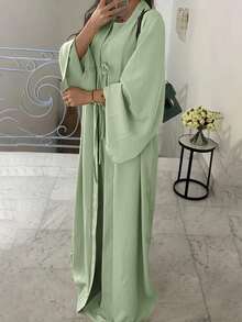 ANCHOSE Women's Middle Eastern Elegant Sleeveless Maxi Dress And Bowknot Long Cardigan Two Pieces Set - Bean Paste Green - View 8