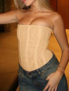 Y2K 女士优雅半透明网纱紧身胸衣上装，带钢圈，前系带，夏季塑身衣 - 杏色 - 查看 5