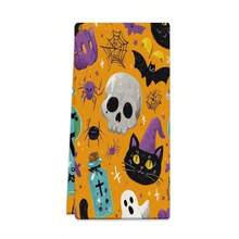 Un set de 2 toallas con temas de Halloween con patrones impresos de fantasmas y gatos negros, decorados con cuadrículas, lavables a máquina, resistentes al calor, absorbentes y reutilizables. Es un regalo ideal para la decoración de la habitación, toallas de cocina y baño, decoración de fiestas y decoración del hogar.