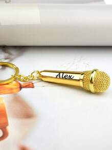 Personalized Name Microphone Keychain, Customized Mini Realistic Microphone Keychain With Rotatable Opening, Confessional Microphone Pendant Keychain, Actor Souvenir Program Performance Engraved Gift, Back To School Gift, Children's Halloween Gift, Gold/Silver Customized Birthday Gift, Halloween Accessories - Silver - View 6