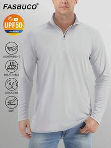 FASBUCO Men's Long Sleeve Athletic Shirts 1/4 Pullover Zip Sun Protection Rash Guard UPF 50+ Outdoor Running T-Shirts - Light Grey - View 2