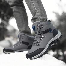 Botas de senderismo para parejas, zapatos deportivos de exterior cálidos y de caña alta para hombres/mujeres, otoño/invierno, botas de nieve impermeables de PU, botas de trekking, zapatos de camping y senderismo de exterior, antideslizantes y duraderos, negro/gris/verde, botas de nieve con cordones, talla 36-48 - Gris - Ver 9