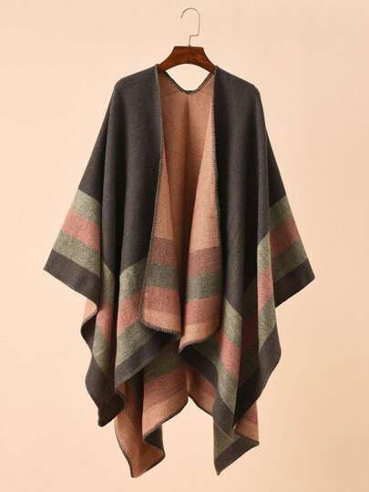 1 件优雅波西米亚风格条纹拼布不对称披肩，适合日常、旅行、茶会、郊游，温暖舒适，秋冬季百搭披肩