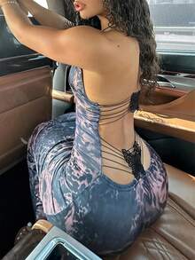Fashion Women's Sexy High-Waisted Backless Dress With Bow Details,Women's Backless Straps Tie-Dye Printed Dresses - màu đen - Xem 3