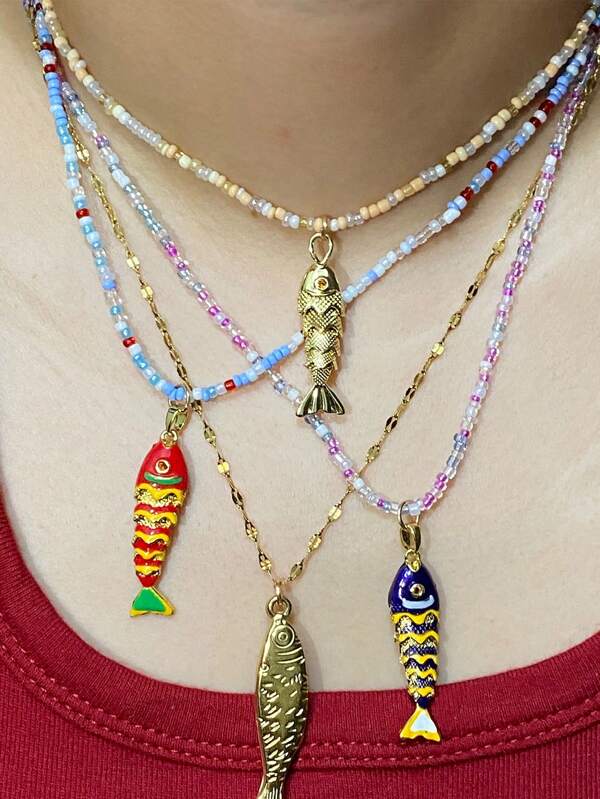 1 pieza Collar con colgante de pez esmaltado de estilo bohemio para mujer, colgante de pez colorido y con cuentas, collar de playa hawaiano, delicado, con suerte, joyería bohemia de verano, minimalista, para uso diario