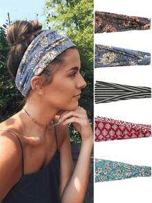 女式吸汗发带 5 件装 女士瑜伽印花头带，波西米亚风弹力头巾发带 头巾发饰 秋季配饰 - 彩色 - 查看 1