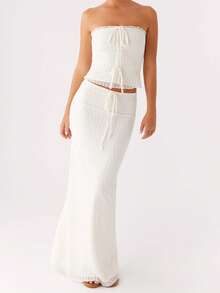 Women Summer Outfits Solid Colors Crop Drawstring Bandeau And Elastic Long Skirt Set For Streetwear Aesthetic Clothes - White - View 4
