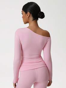 Sodalemon Women Slanted Shoulder Training Yoga Top Clothing 1 PC Long Sleeve Button Fitness Elastic Solid Color Workout Fitness T-Shirt - Pink - View 8