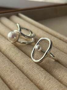2pcs Pearl Rings Set For Women Couples New Elegant Creative Hollow Geometry Handmade Birthday Party Rings Jewelry Gifts - Silver - View 3