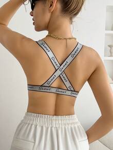 Sujetador inalámbrico de mujer con estampado jacquard y tirantes con letras - Caqui - Ver 2