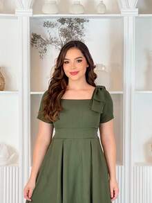 LivanModas Elegant Women's Viscose Dress With Sleeves And Bow Detail – Sophisticated Fashion - Dark Green - View 3