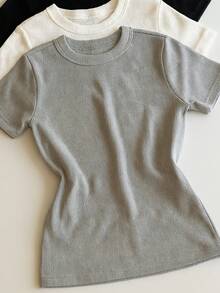 Kit 3 Short Sleeve Ribbed Blouses For Women, Basic, Elegant, Summer - Gray/White/Black - View 2