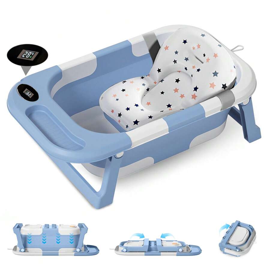 UBRAVOO Baby Bathtub Foldable Baby Bathtub Children, Newborn Baby Plastic Bathtub With Foldable Anti-Slip Legs Collapsible Bathtub With Thermometer For Bathing Toddlers - 藍色 - 查看 1