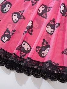 SANRIO 2pcs Women's Pink  Cute Digital Printing,V-Neck,Contrast Lace,Bow Decoration,Three-Point Top&Short Skirt,Sexy Lingerie Set - Black and Pink - View 6
