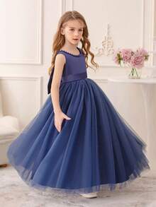 Tween Girl Navy Blue Bow Elegant Party Dress, Handmade Beaded Princess Gown, Suitable For Girls Birthday Gift, Banquet, Wedding, Bridesmaid, Graduation - Royal Blue - View 4