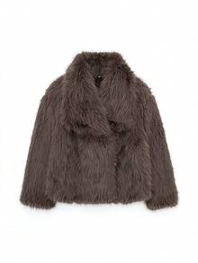 SHIBASHAN 女士冬季时尚仿皮草夹克带口袋长袖翻领毛绒外套时尚厚实保暖外套 - 深棕色 - 查看 8