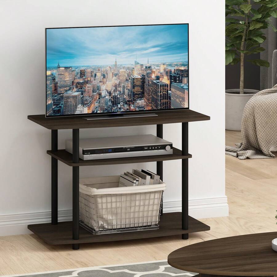 HOMLUX 3-Tier TV Stand, Entertainment Center With Stainless Steel Tubes, No Tools Assembly, Fits Up To 32-Inch TVs, Black TV Stand, Modern Media Console For Living Room, Dark Brown/Black - Nâu sẫm/Đen - Xem 1