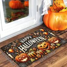 1 buc. Covoraș de intrare cu imprimeu de dovleac pentru decor de casă de Halloween, moale, antiderapant, absorbant, lavabil, pentru bucătărie, covor pentru atmosferă de sărbătoare, covor dreptunghiular cu fire scurte pentru intrarea în camera de zi, dormitor, bucătărie, spălătorie, baie
